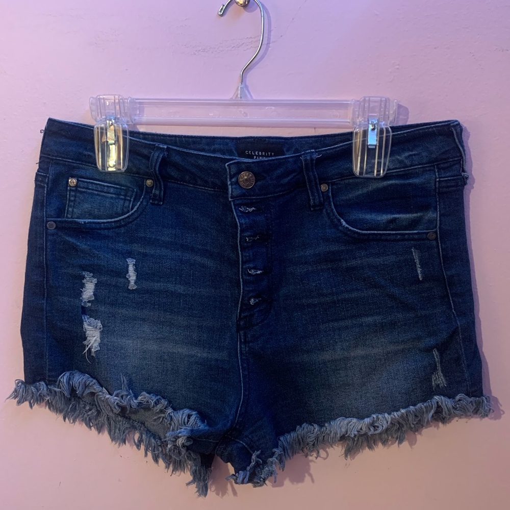 Celebrity Pink Dark Wash Shorts with Distress